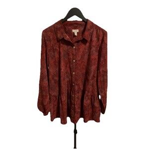 Logo by Lori Goldstein Size Large Top Red Purple Abstract Lagenlook Peplum Hem